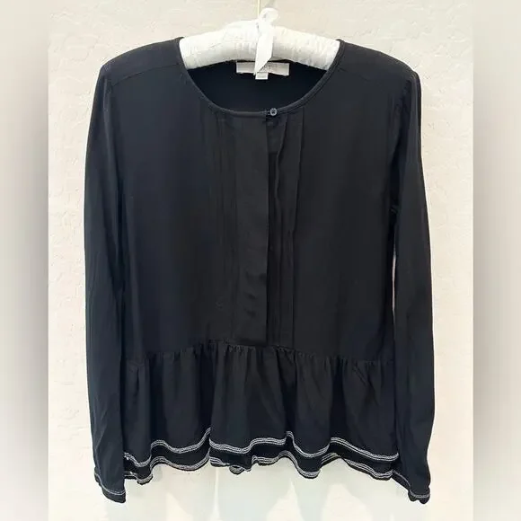 LOFT | Black Long Sleeve Peasant Top Boho Blouse Ruffle Hem Minimalist | XS