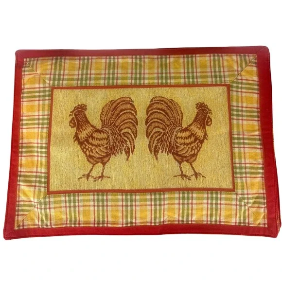 VTG Set of FOUR Red Yellow Plaid Rooster Tapestry Placemats 19