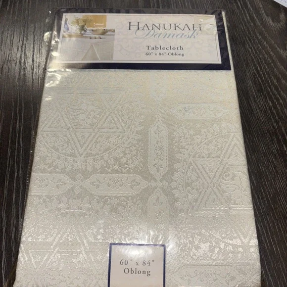 Hanukah Tablecloth Damask Oblong 60x 84‎ Grey Festival Of Lights