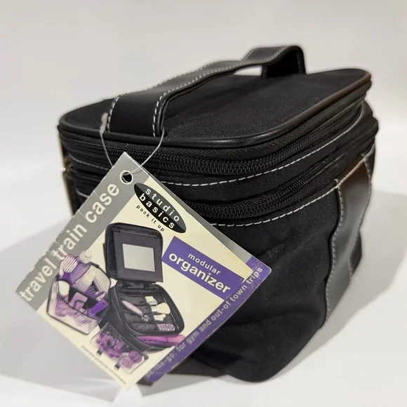 NWT Y2K 2004 Vintage Black Nylon Makeup Organizer Travel Train Case Cosmetic Bag