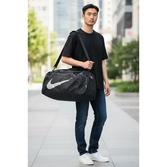 Nike‎ Brasilia Medium Training Duffel Bag Black White Swoosh Gym Travel Bag
