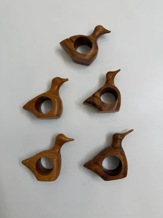 Hand Carved Warm Brown Wooden Duck Napkin Rings - Set of 5