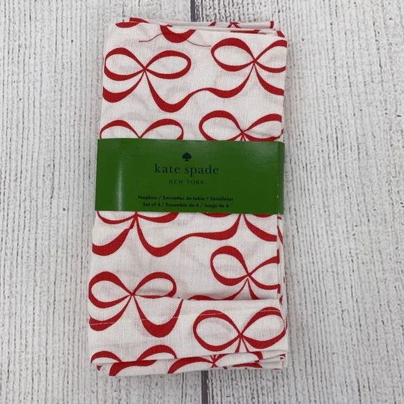 Kate Spade Napkins (Set of 4) White Red Bows Ribbons Valentines Holiday Cotton