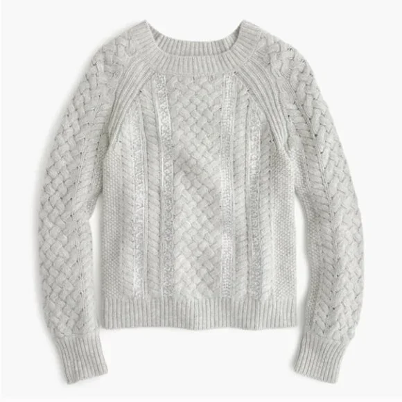 J. Crew Grey Cable Knit Pullover Sweater Crew Neck Sequin Stripe Size XS Women's