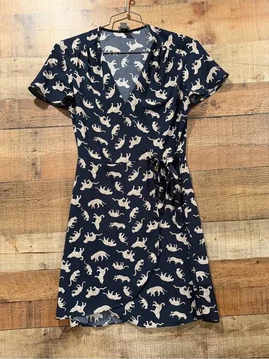 J. Crew Navy Wrap Dress with White Leopard Silhouette Size 2