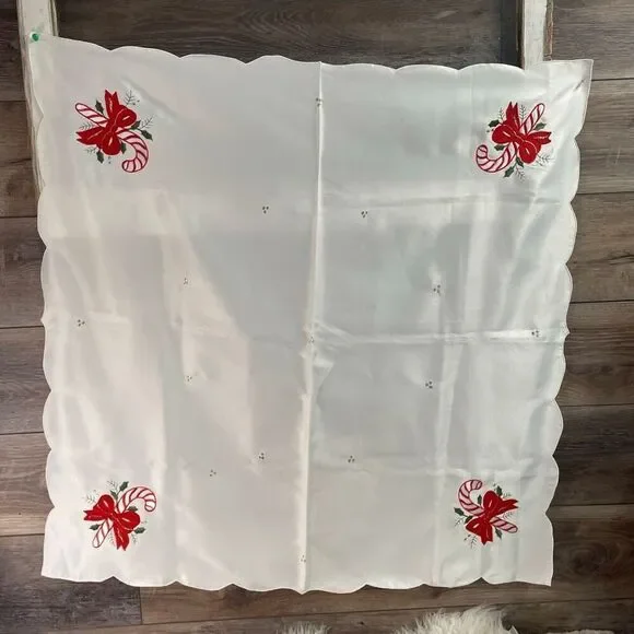 Vintage Christmas Satin Like Tablecover Candy Canes Bows Holly Home Decor 34x34