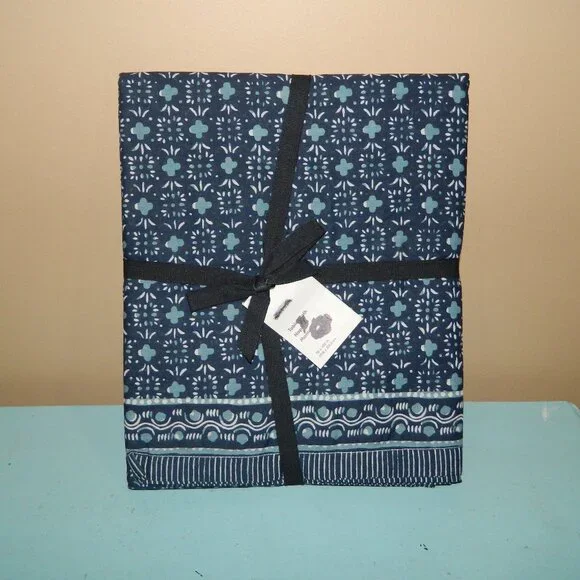 West Elm Jude Block Print Tablecloth Blue 70