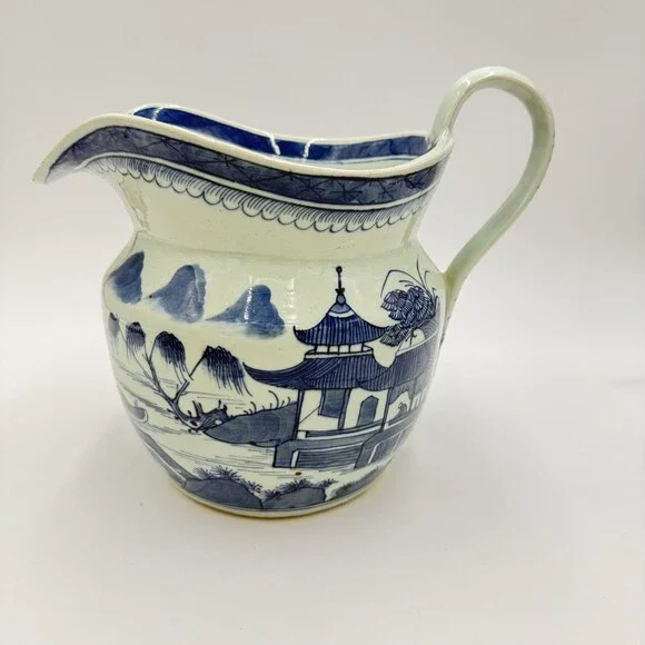 Antique Chinese Blue & White Canton Export Porcelain Large Pitcher 9”H x12” L