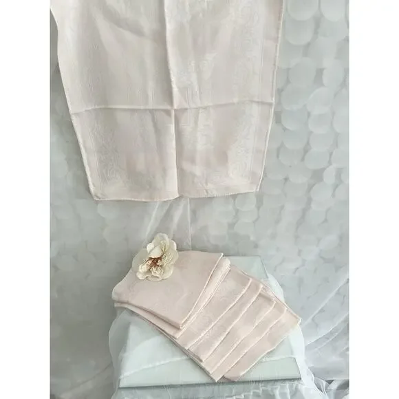 Vintage MCM Double Damask Pale Pink Napkins Chrysanthemums Floral Set Of 8