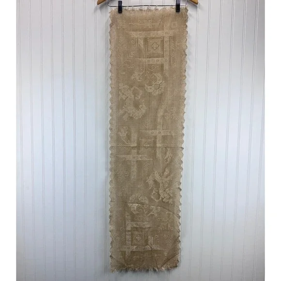 Handcrafted Crochet Filet Dresser Scarf OS Tan Vintage Lace Runner Cottagecore