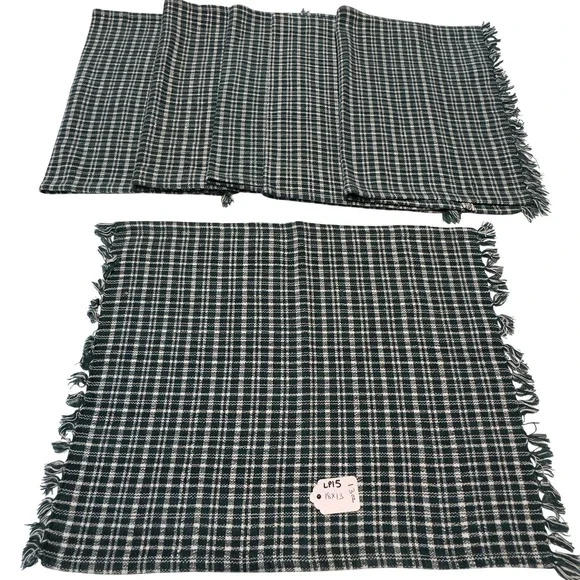 Primitive Green White Check Fringed Cotton Placemats Set of 4 Hand Loomed 18x13
