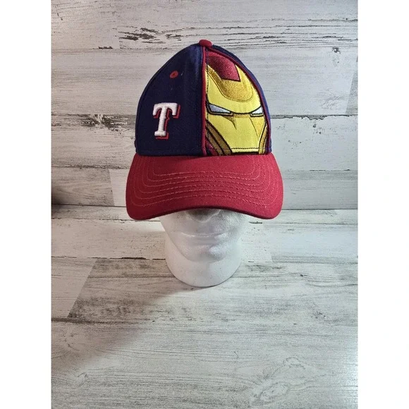 New Era Texas Rangers Marvel Iron Man Youth 9FORTY Adjustable Hat Navy Red‎