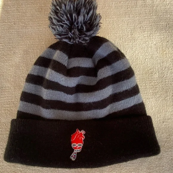 Cozy Black and Gray Striped Kids Beanie with Pom Pom