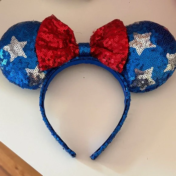 Disney Minnie Mouse Patriotic White And Blue Sequin Ears with Red Bow