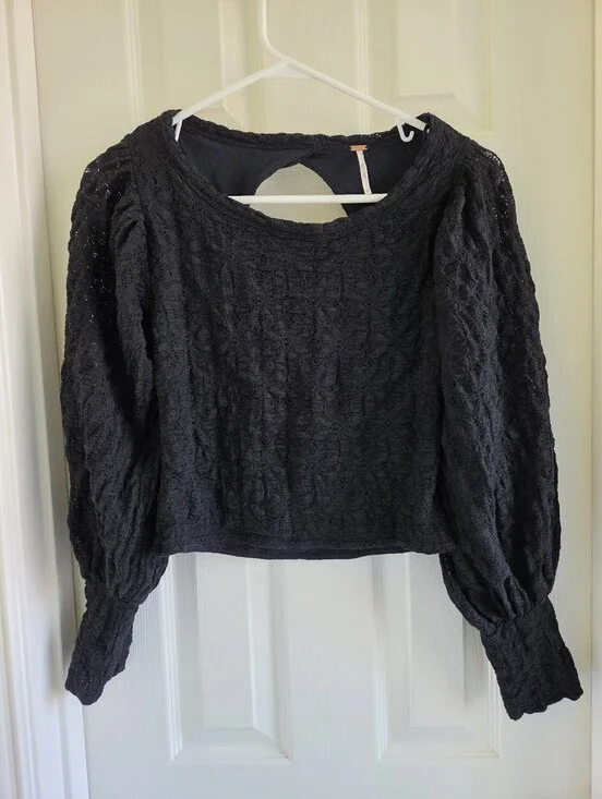 Free People Tea Time Top Black Lace Puff Sleeve Open Back Cropped Blouse Size M