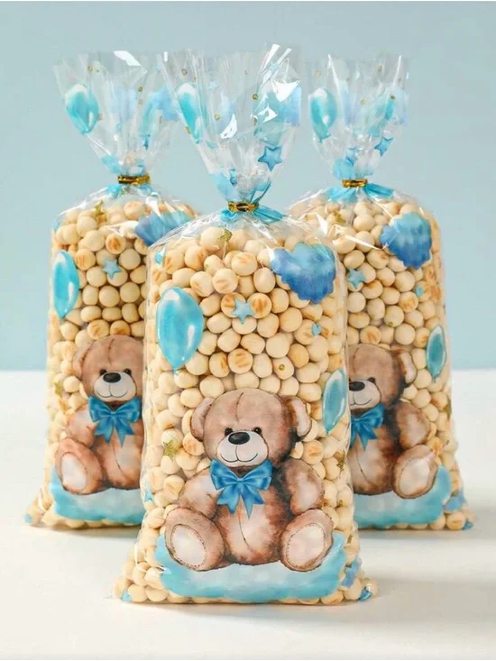 25pcs Cute Blue Teddy Bear Treat Bags – Clear Cellophane Party