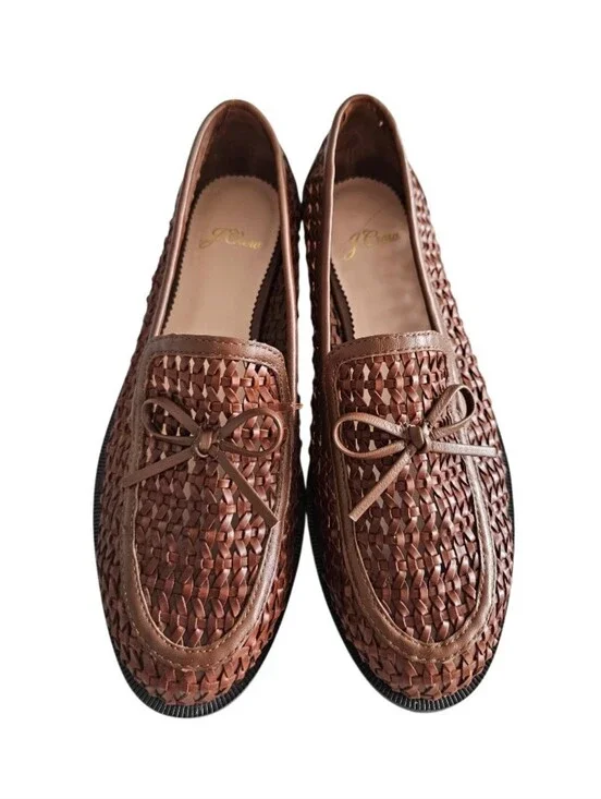 New J.Crew Women's Brown Woven Leather Loafers - Classic Slip-On