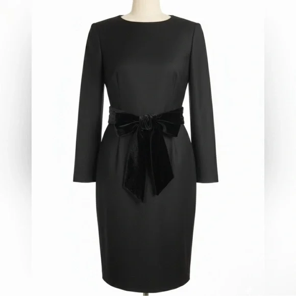 J. Crew Black Long-Sleeve Sheath Dress with Velvet Waist Bow