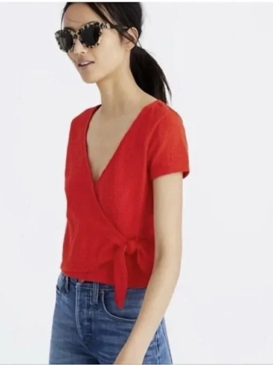 J. Crew Wrap Tie Poppy Red Short Sleeve Cotton V-Neck Blouse Small