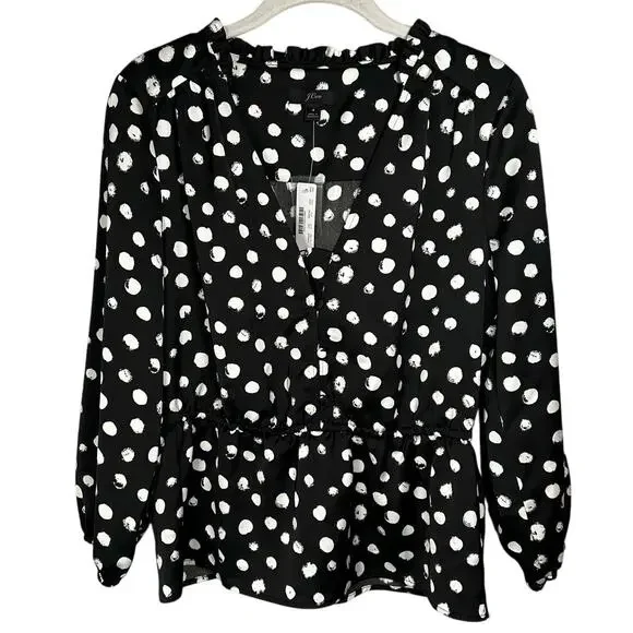NWT J. Crew Black & White Polka Dot Satin Peplum Blouse Women's 4