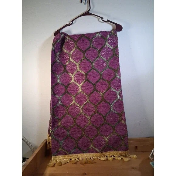 Table Cloth Runner Purple Gold Peacock Tail Turkish W Tassels ~16x52