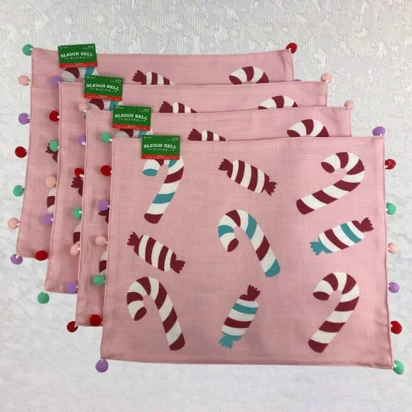 Sleigh Bell Bistro Pink Peppermint Placemats w/ Multicolor Pom-Poms Set of 4 NWT