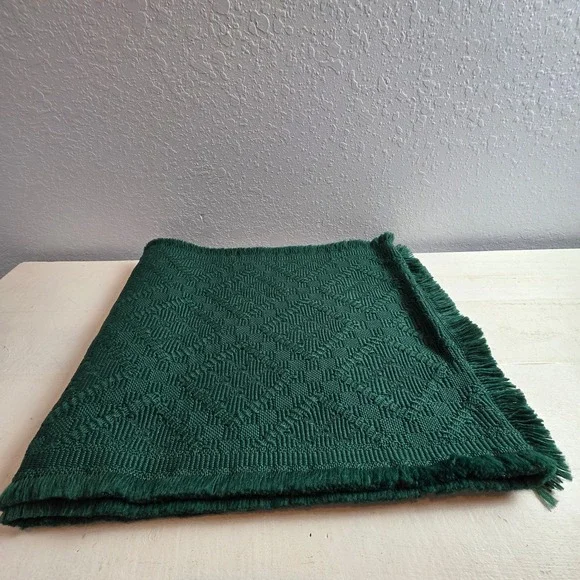Handwoven Forest Green Geometric Diamond Pattern Fringed Table Runner Rustic