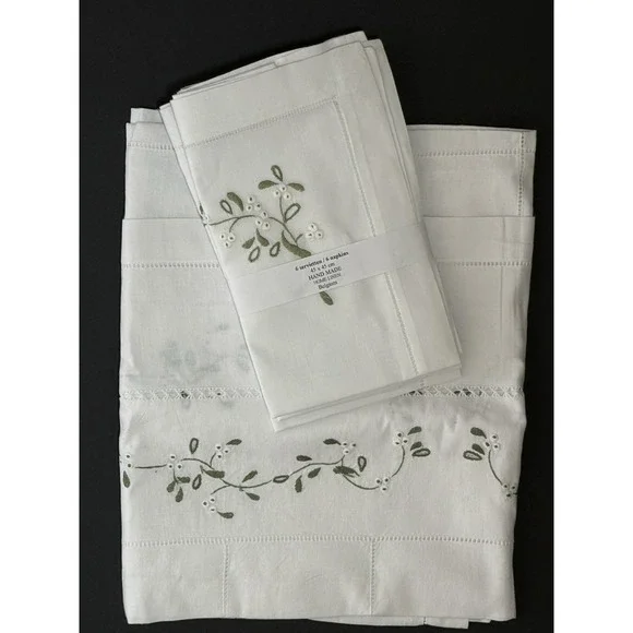 Vtg NEW Belgium Embroidered Linen Set 6 Napkins/39