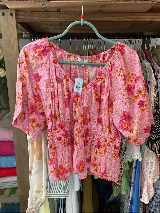 LOFT Pink Floral Peasant Blouse