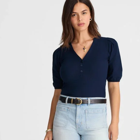 Madewell Puff-Sleeve Henley Knit Top in Midnight Navy Size S NWT