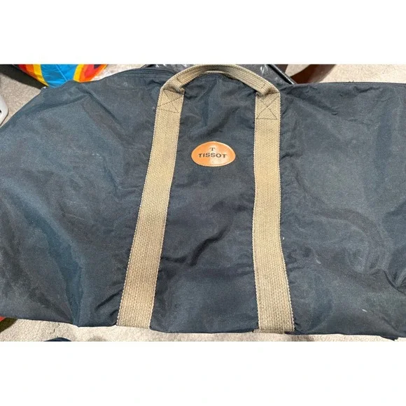 Tissot Black Canvas Duffel Bag Tan Straps Travel Weekender Gym Bag Large