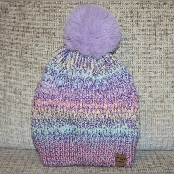 David and Young Kids' Pastel Knitted Pom Pom Beanie in Lavender & Rainbow. New.