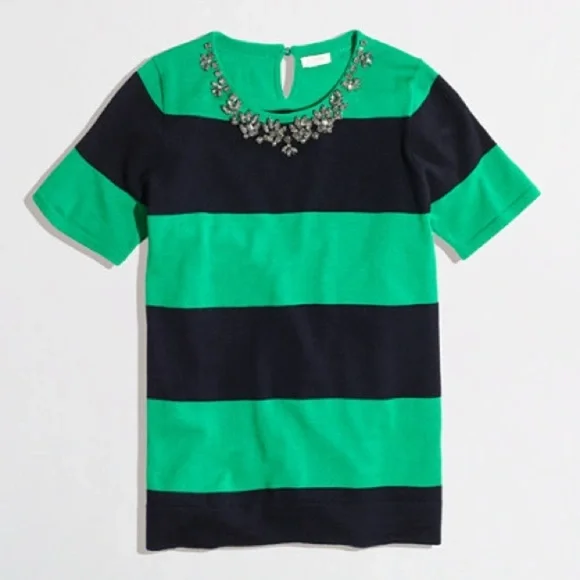 J.Crew Navy Blue and Green Stripe Bejeweled Merino Wool Short Sleeve Sweater, XS