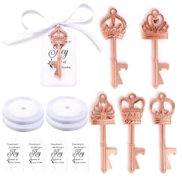 100 Wedding Favors Rose Gold Color Skeleton Key Bottle Openers w Tags & Ribbons