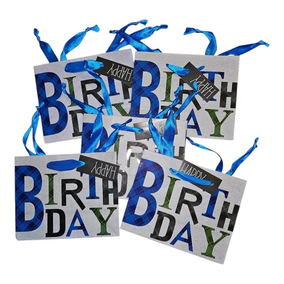 Lot Of 5 Small Happy Birthday Gift Bags By Spritz Two Sided Plaid 6.25