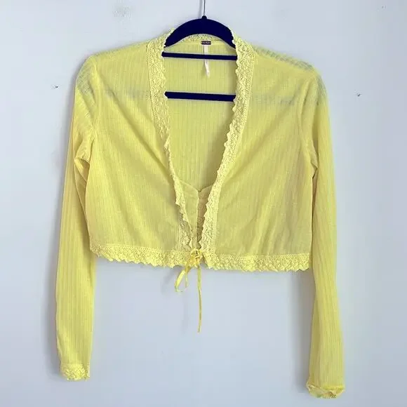 Free People Third Date ribbed long sleeve crochet lace boho festival crop top