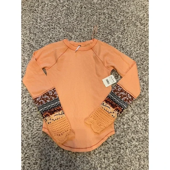 Free People New Top SzL Womens In The Mix Thermal Cuff Peach Pink Orange Crochet
