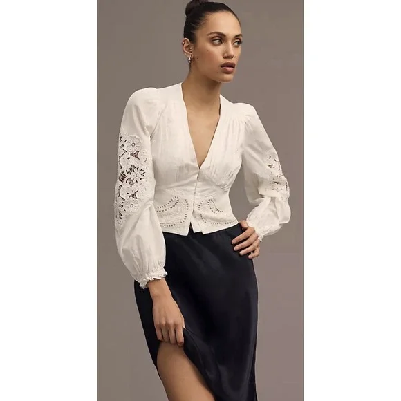 Farm Rio White Cotton Lace Long Sleeve Boho Crop Top XS