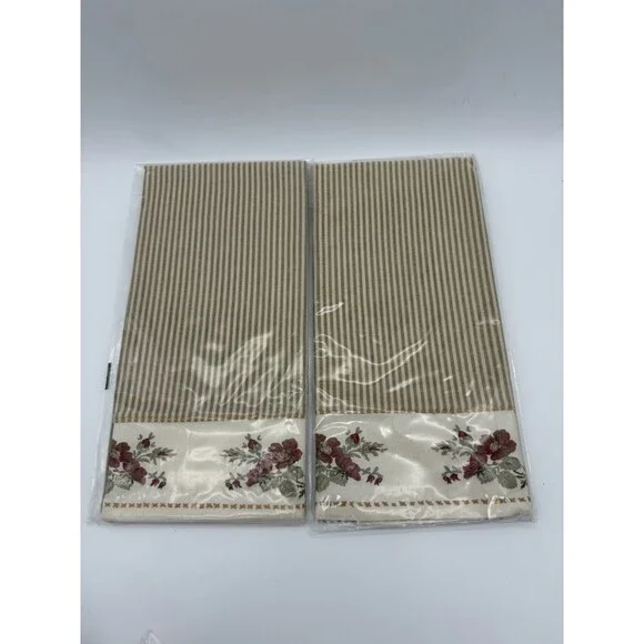 Pottery barn stripe embroidered floral kitchen towel Cotton Beige Flowers Set 2