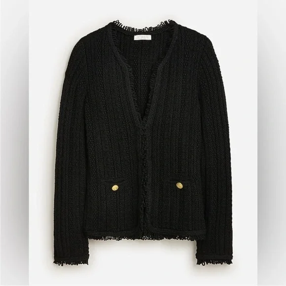 J. Crew Textured Cable-Knit Lady Jacket with Fringe Small Black