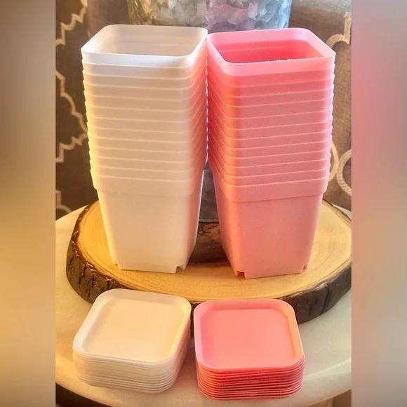 Plastic Succulent Planters w/ Trays- New -Set of 26 includes 13 pink & 13 white