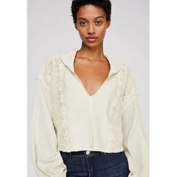 Free People Hoodie Crop Top Lacey Ivory Size XS Pullover Crochet Lace Boho