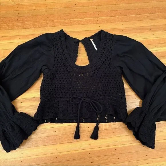 Free People Megan Crochet Knit Peplum Puff Sleeve Crop Tassel long sleeve top