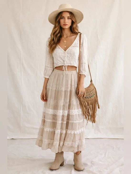 Free People White Crochet Blouse Size XS Boho Lace Detail Romantic‎ Top V Neck