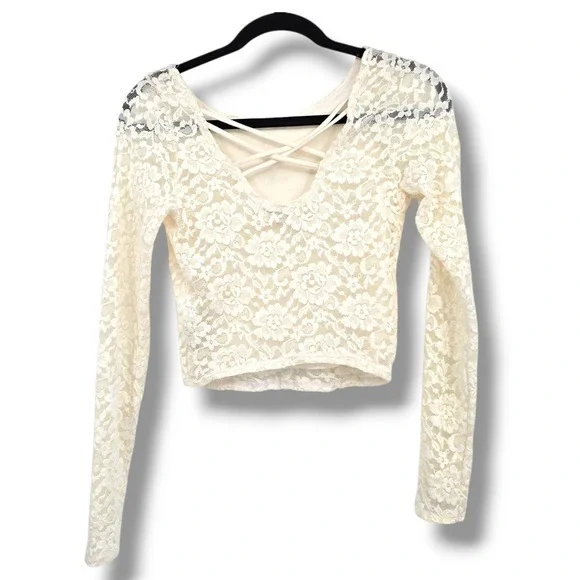 Abercrombie & Fitch Lace Long Sleeve Crop Top Criss Cross Back Cream M‎