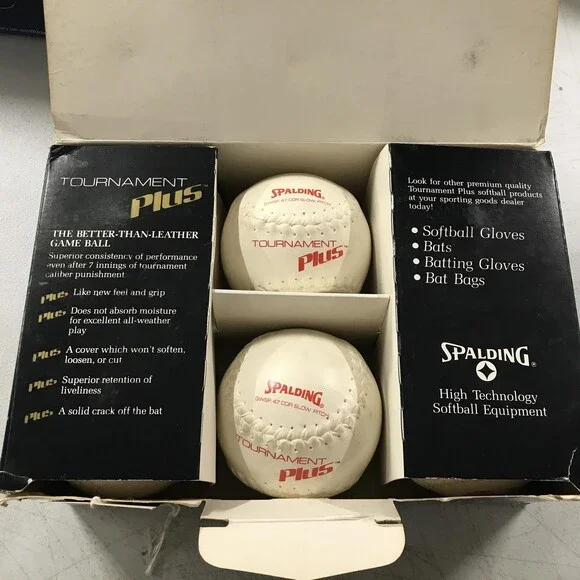 NUMBER_Vintage Spalding Tournament Plus Softballs 12 White Slowpitch Raised Seam