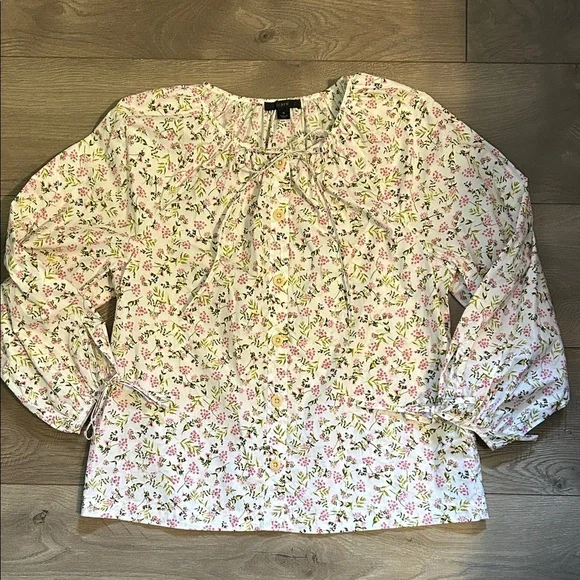 J. Crew White Floral Tie-Neck Blouse with Pink & Green Print