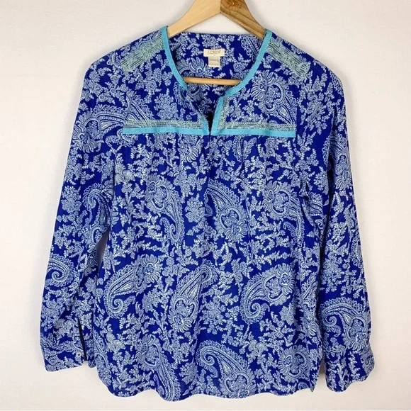 J. Crew Blue Paisley Embroidered Tunic Top Resort Coastal