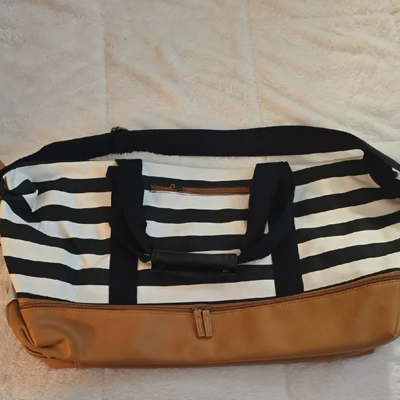 Striped Black and White Tote Bag with Tan Accents