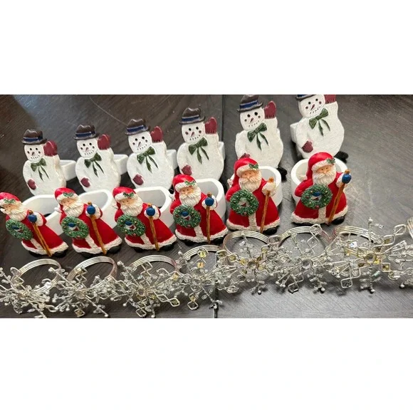 20pc Christmas Napkin Ring Set Santa Snowman Snowflake Silver Beaded Holiday